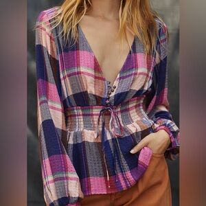 Anthropologie Pilcro Plaid V-Neck Peplum Top, S